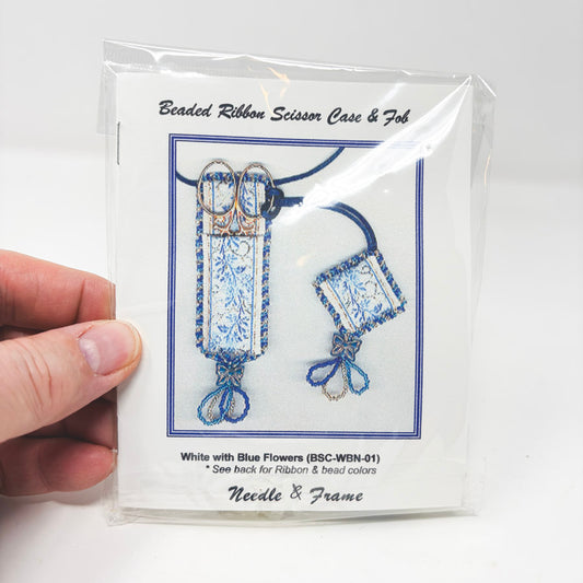 Needle & Frame Beaded Ribbon Scissor Case & Fob - White with Blue Flowers