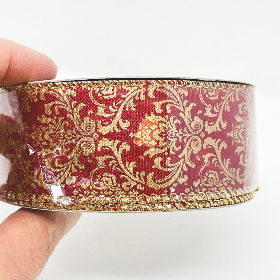 1.5" Brick & Gold Filigree Wired Ribbon