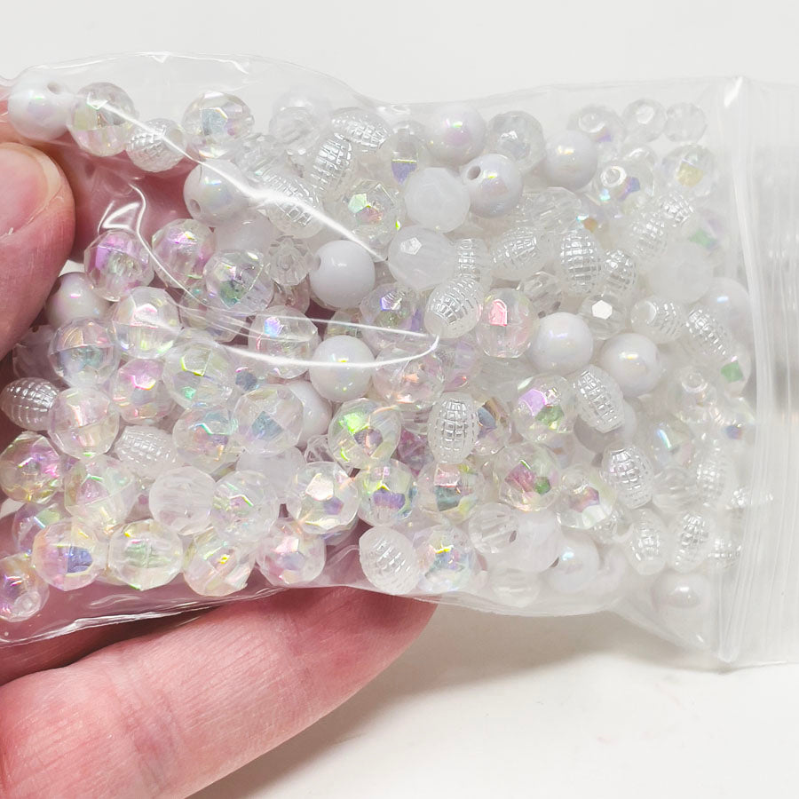Clear & White Iridescent Plastic Beads