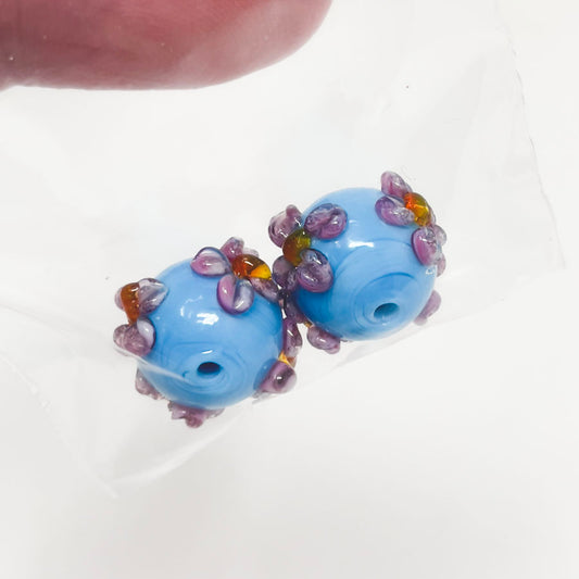 Floral Lampwork Glass Beads in Blue and Pink