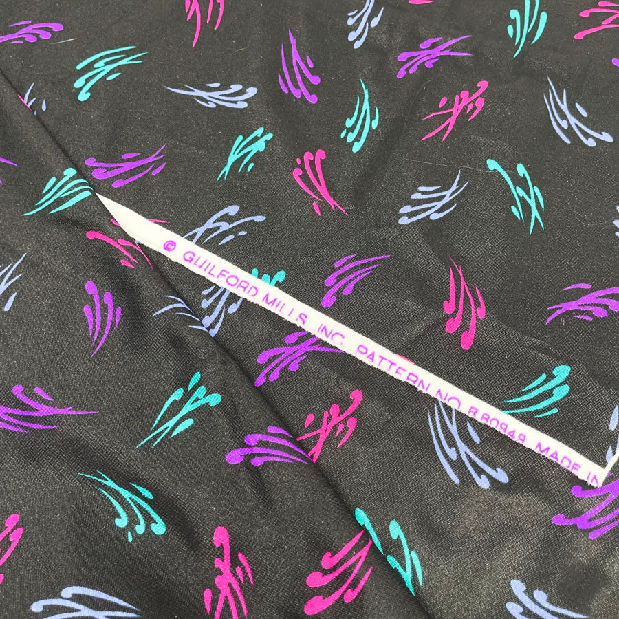 1 yard - Black with Bright Swishes Polyester Fabric