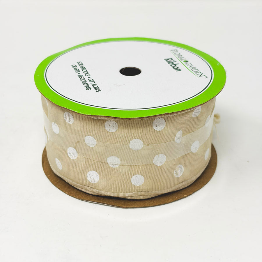 1-1/2" Floral Garden Beige and White Polka Dot Ribbon