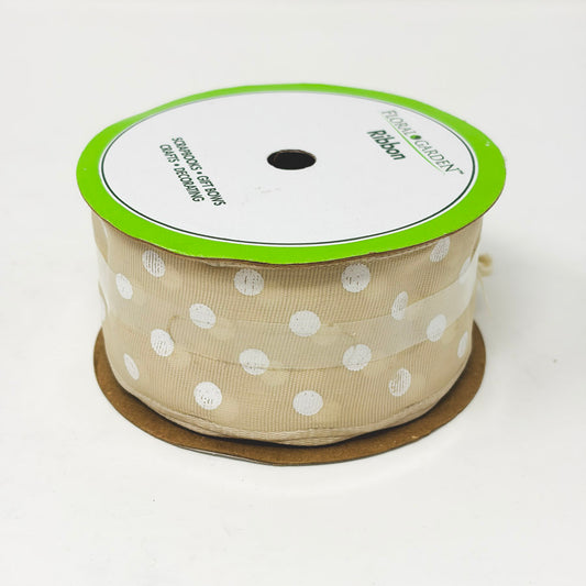 1-1/2" Floral Garden Beige and White Polka Dot Ribbon