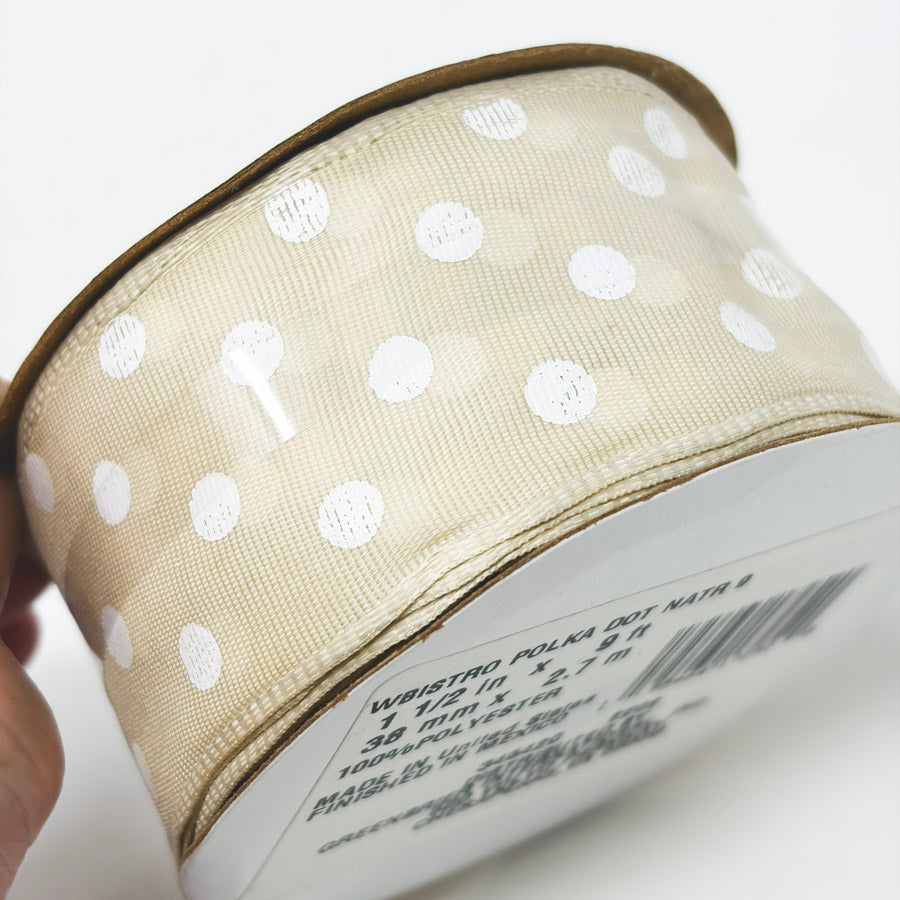 1-1/2" Floral Garden Beige and White Polka Dot Ribbon