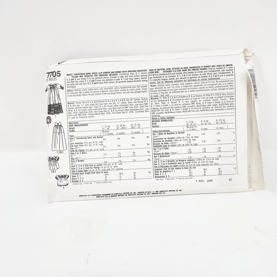 Simplicity 7705 Sewing Pattern - Heirloom Infant Dress (NB-12mo)