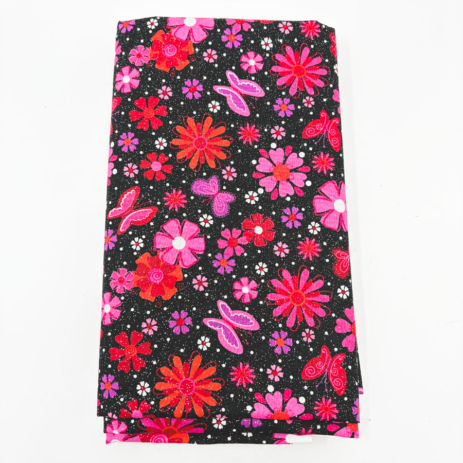 43" x 2 yds Fuchsia/Red Glitter Flowers Fabric