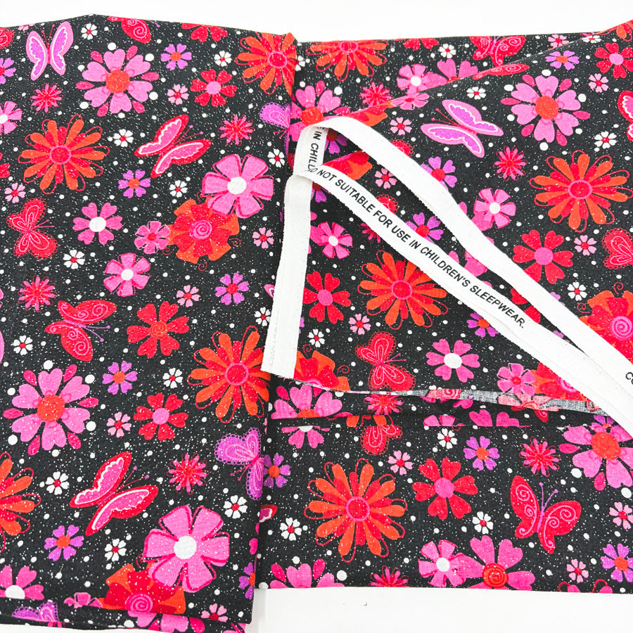 43" x 2 yds Fuchsia/Red Glitter Flowers Fabric