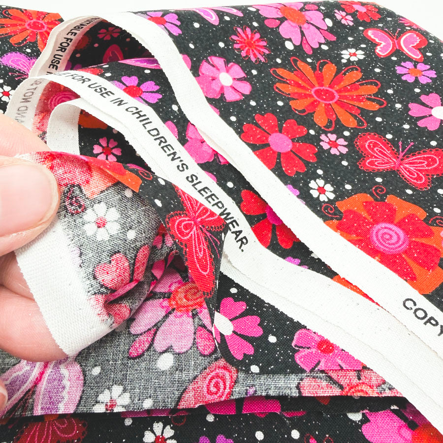 43" x 2 yds Fuchsia/Red Glitter Flowers Fabric