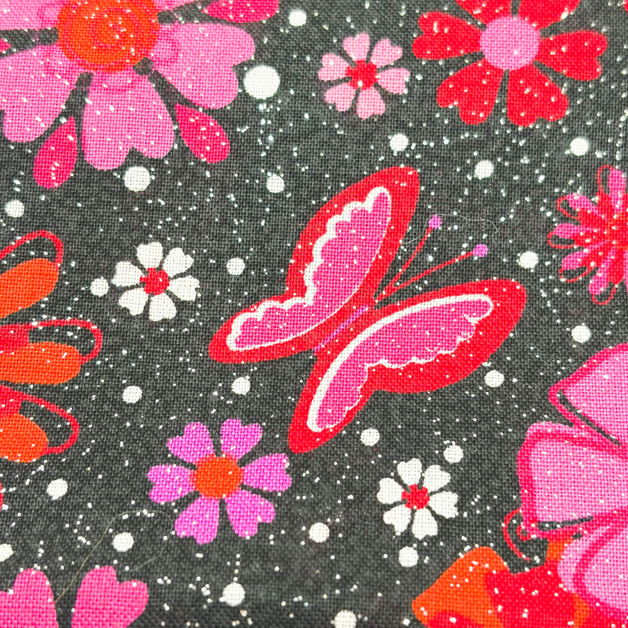 43" x 2 yds Fuchsia/Red Glitter Flowers Fabric