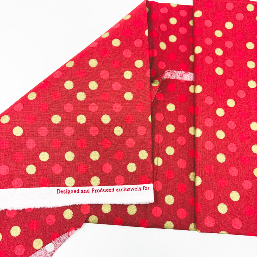1 yd x 42" Metallic Gold Dots on Red Fabric