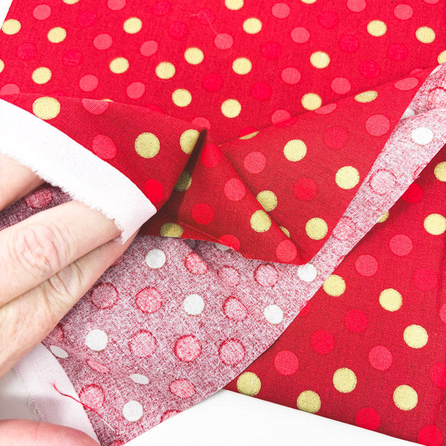 1 yd x 42" Metallic Gold Dots on Red Fabric