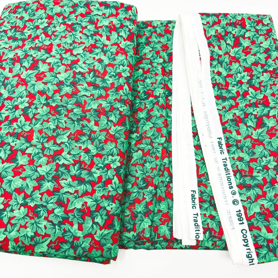 43" x 5 yds Green Ivy on Red Cotton Fabric