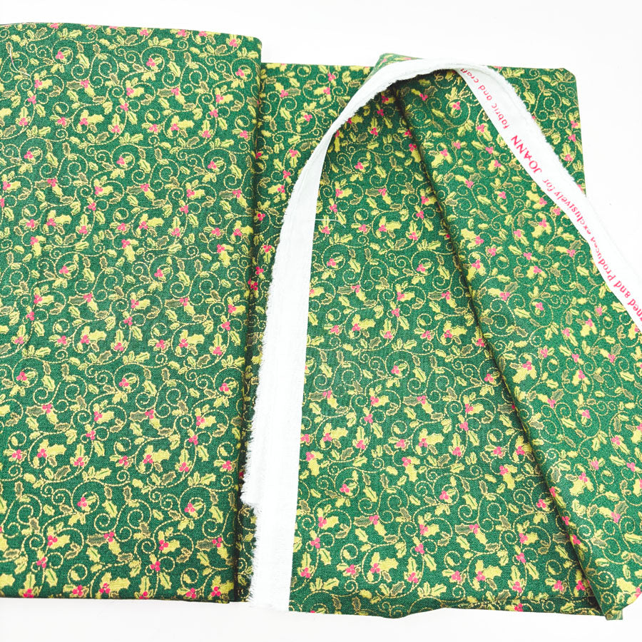 41" x 1 yd Holly Swirls on Green Cotton Fabric