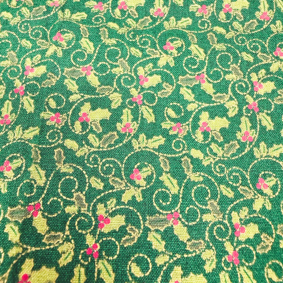 41" x 1 yd Holly Swirls on Green Cotton Fabric