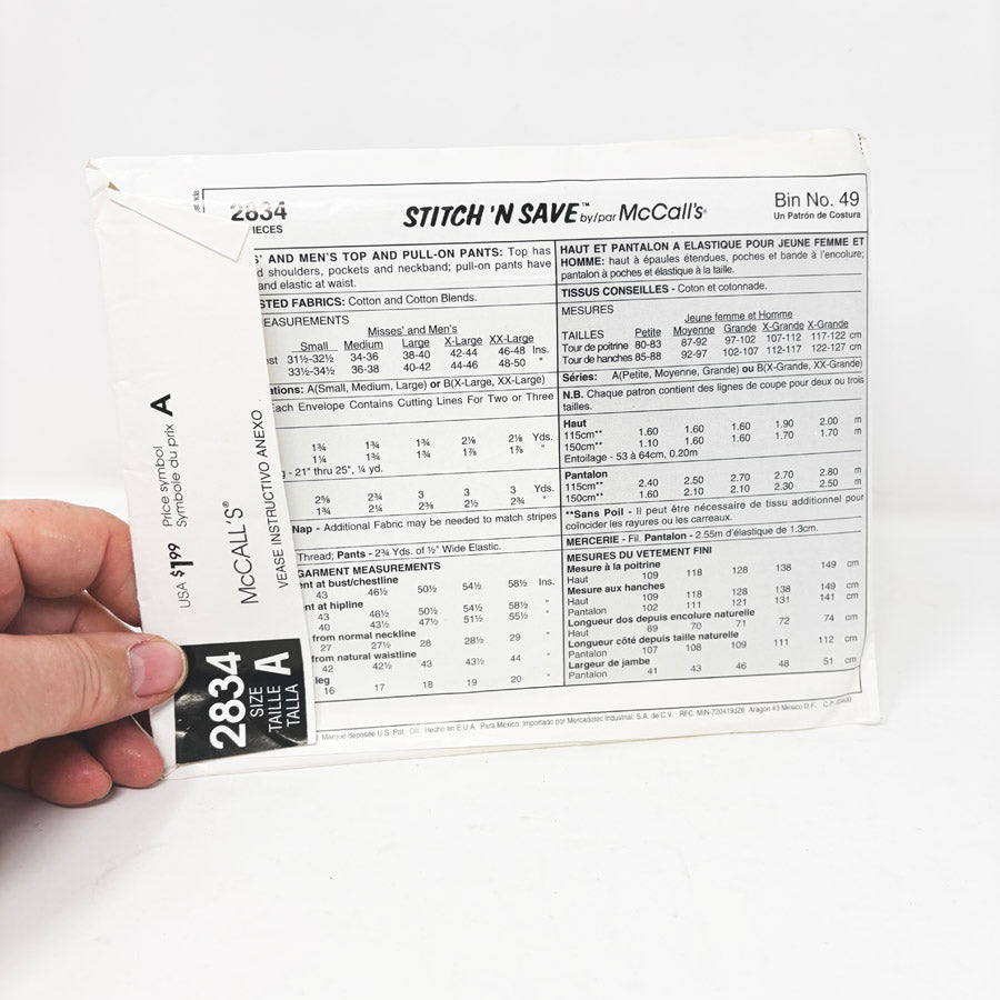 2000 Easy Stitch 'n Save by McCall's Sewing Pattern 2834 Size S - L