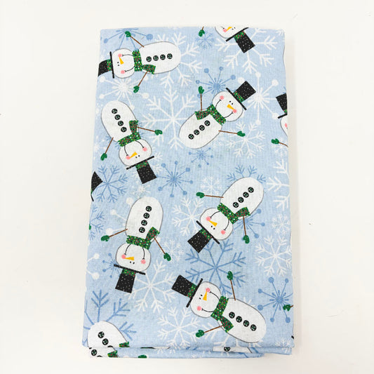 43" x 46" Glitter Stick Snowmen on Blue Cotton Fabric