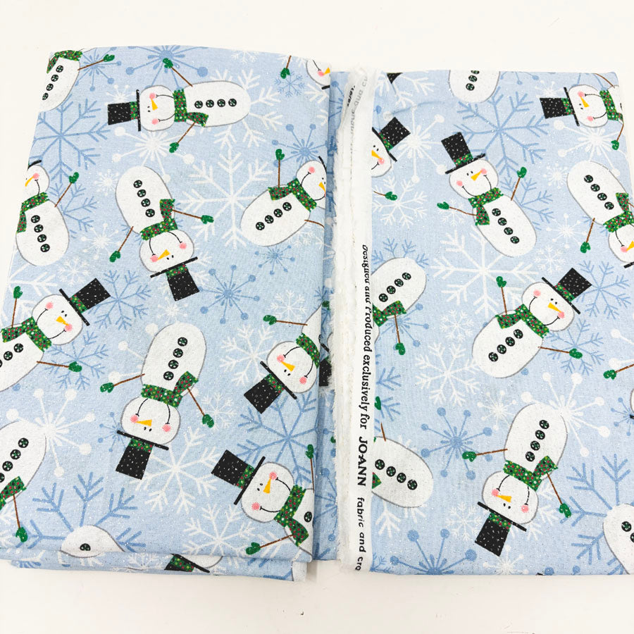 43" x 46" Glitter Stick Snowmen on Blue Cotton Fabric