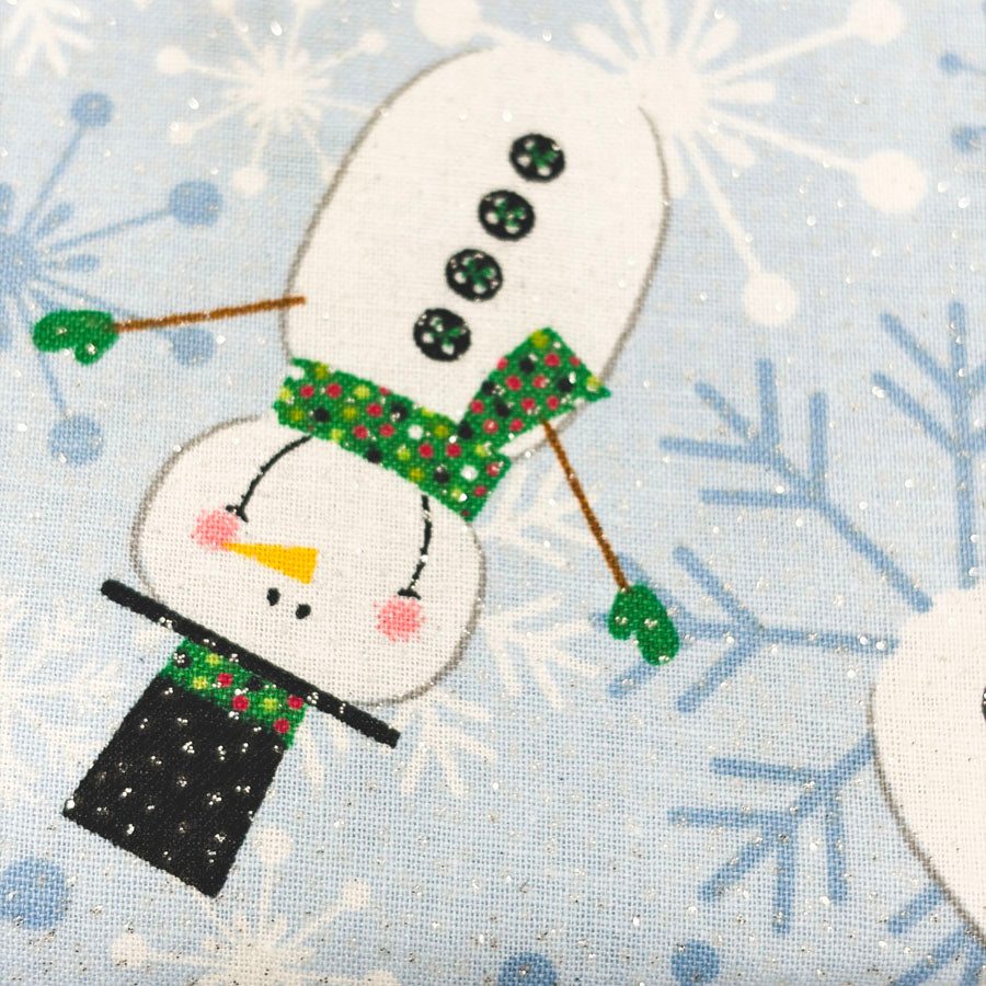 43" x 46" Glitter Stick Snowmen on Blue Cotton Fabric