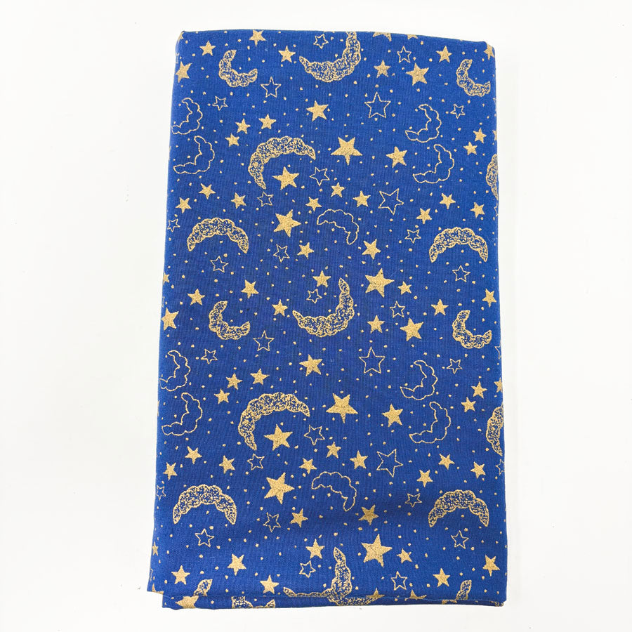 44" x 62" Gold Moon & Stars on Blue Cotton Fabric