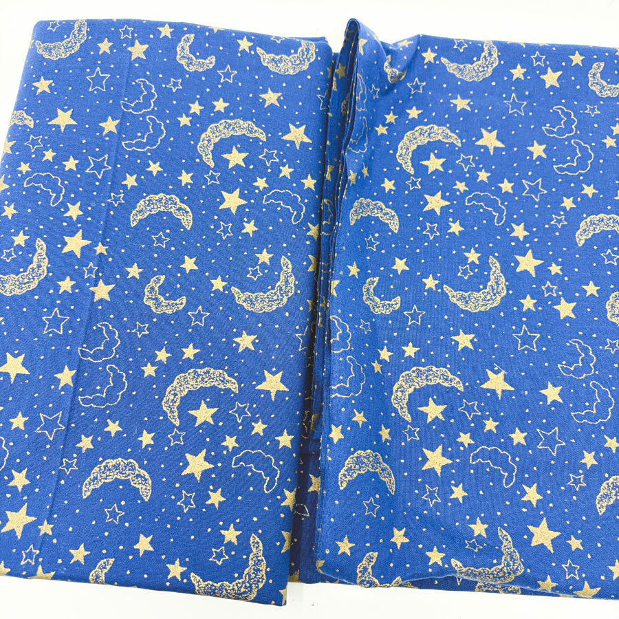 44" x 62" Gold Moon & Stars on Blue Cotton Fabric