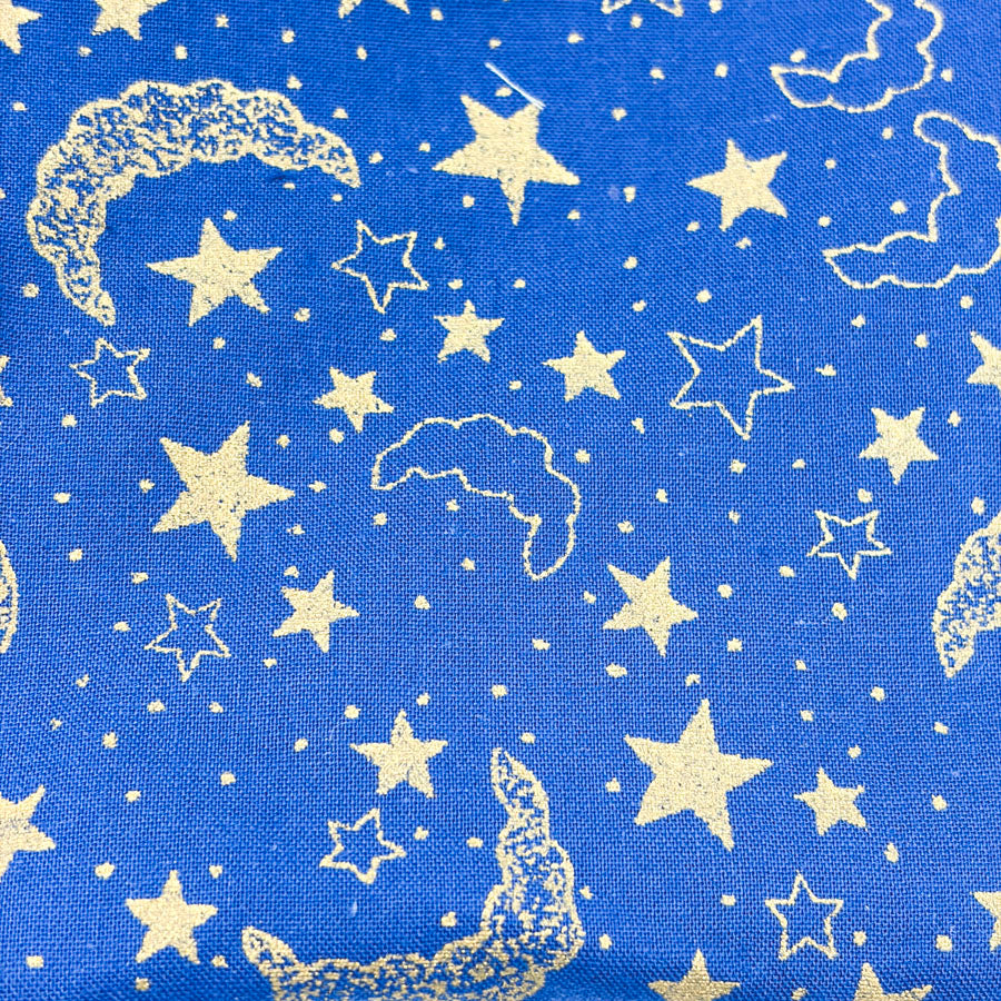 44" x 62" Gold Moon & Stars on Blue Cotton Fabric