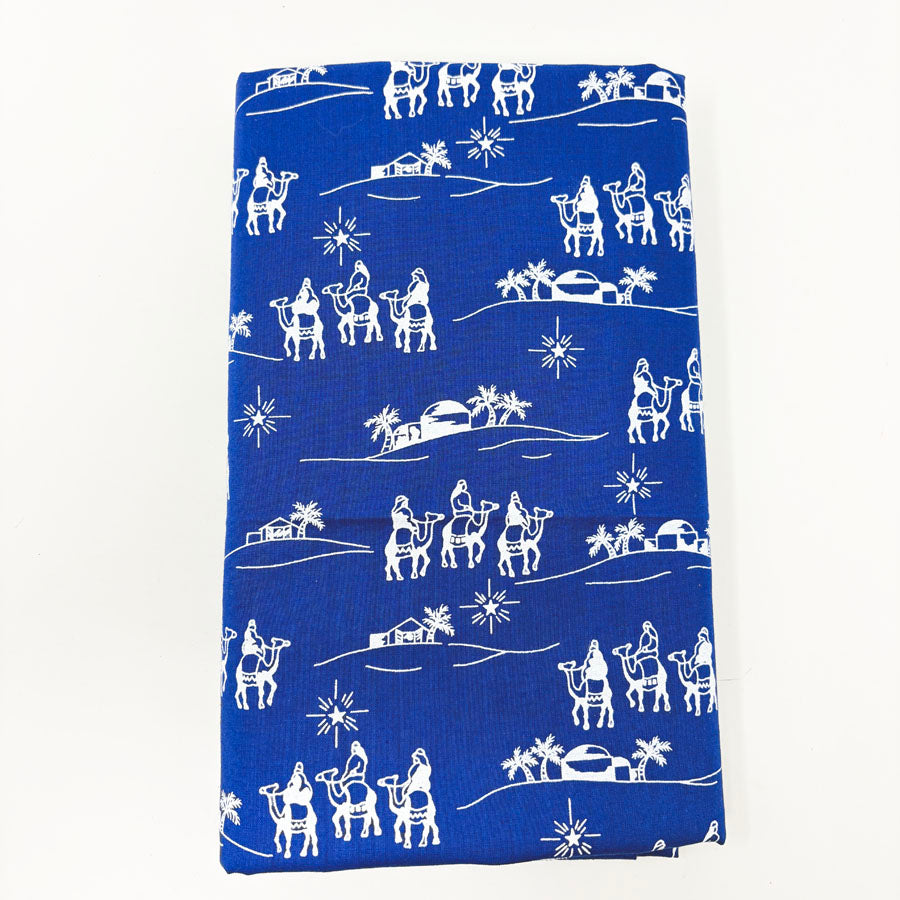 43" x 92" White Nativity on Blue Cotton Fabric