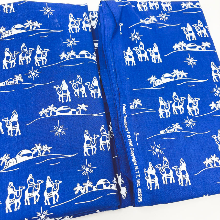43" x 92" White Nativity on Blue Cotton Fabric