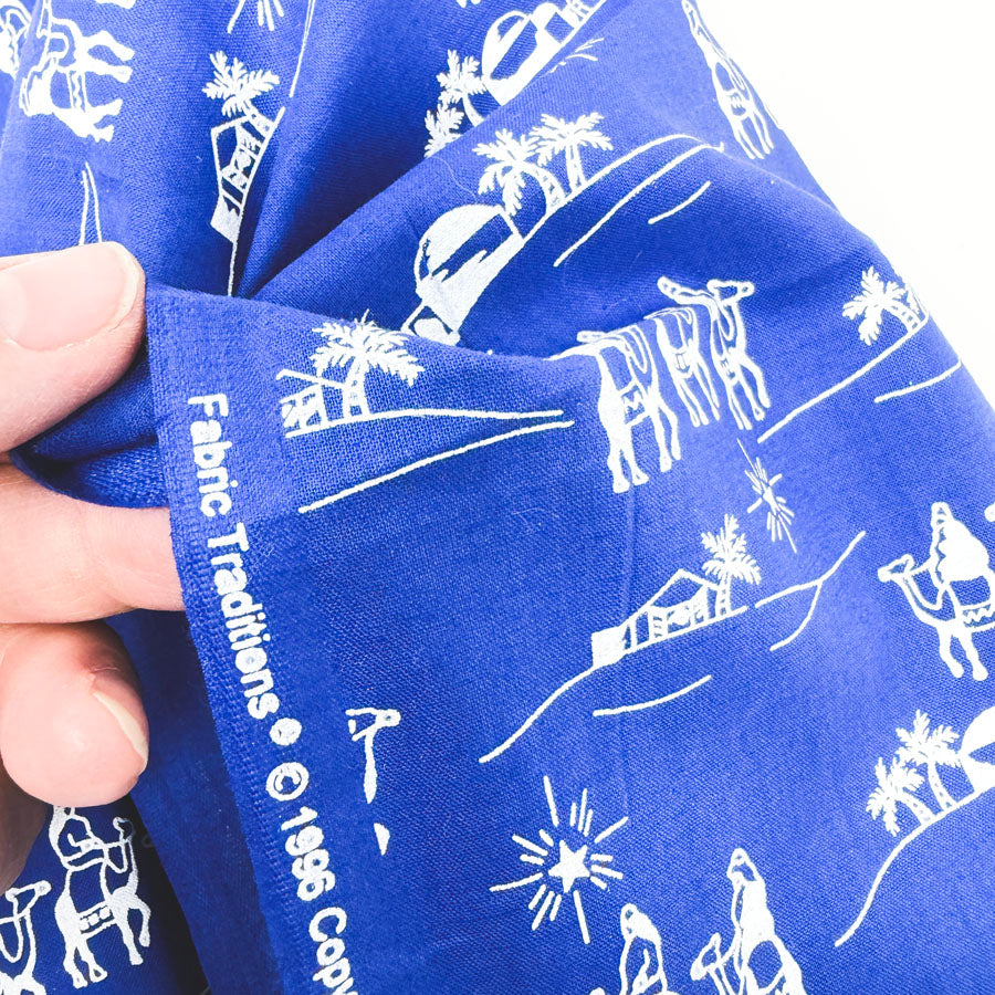 43" x 92" White Nativity on Blue Cotton Fabric