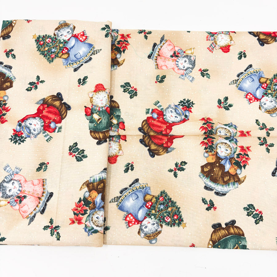 2 yds x 42" Vintage Kitty Cucumber Christmas Tan Fabric