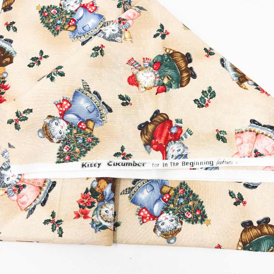 2 yds x 42" Vintage Kitty Cucumber Christmas Tan Fabric
