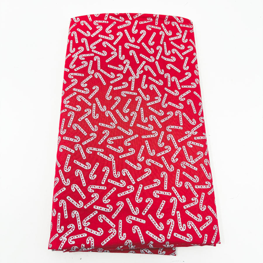 42" x 1 yd Silver Candy Canes on Red Cotton Fabric