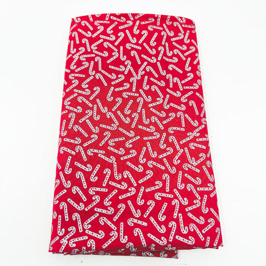 42" x 1 yd Silver Candy Canes on Red Cotton Fabric