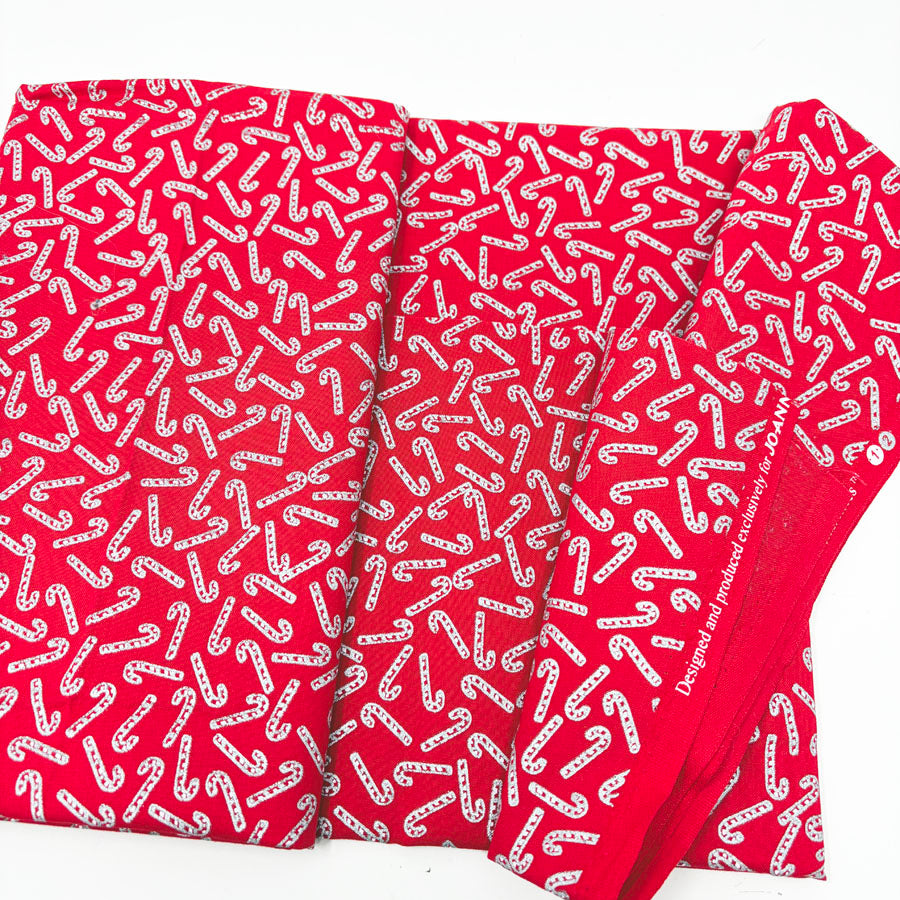 42" x 1 yd Silver Candy Canes on Red Cotton Fabric