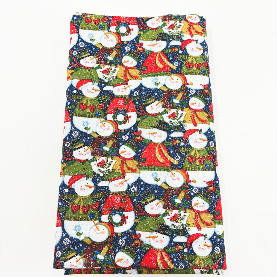 42" x 2 yds Glitter Snowmen on Navy Cotton Fabric