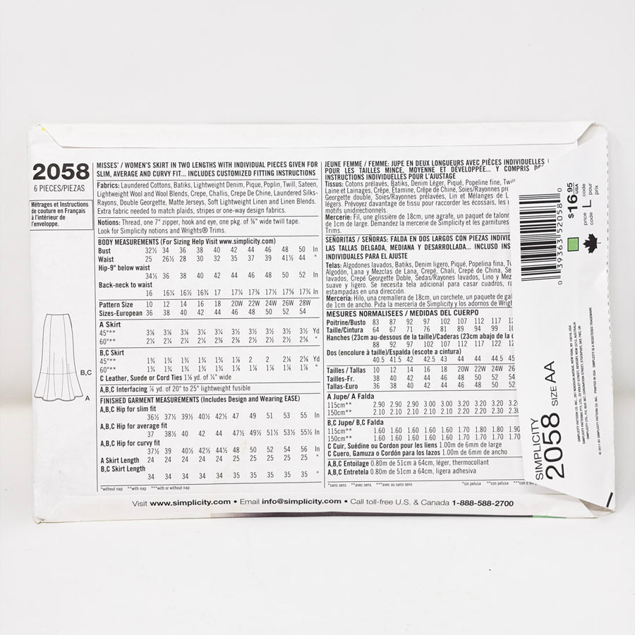 2011 Simplicity Sewing Pattern 2058 - Skirt - Size 10-18