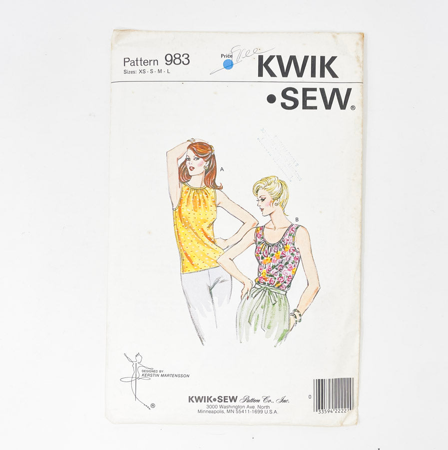 1983 Kwik Sew 983 Sewing Pattern - Sleeveless Top - XS-L