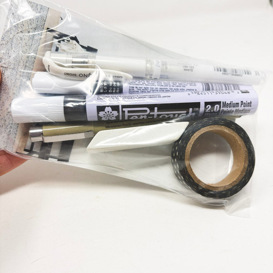 White Pen Black Paper Drawing Kit Remnants