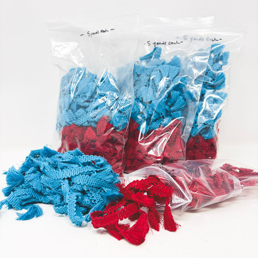 Aqua and Red Tassel Fringe Trim With Braided Gimp Header