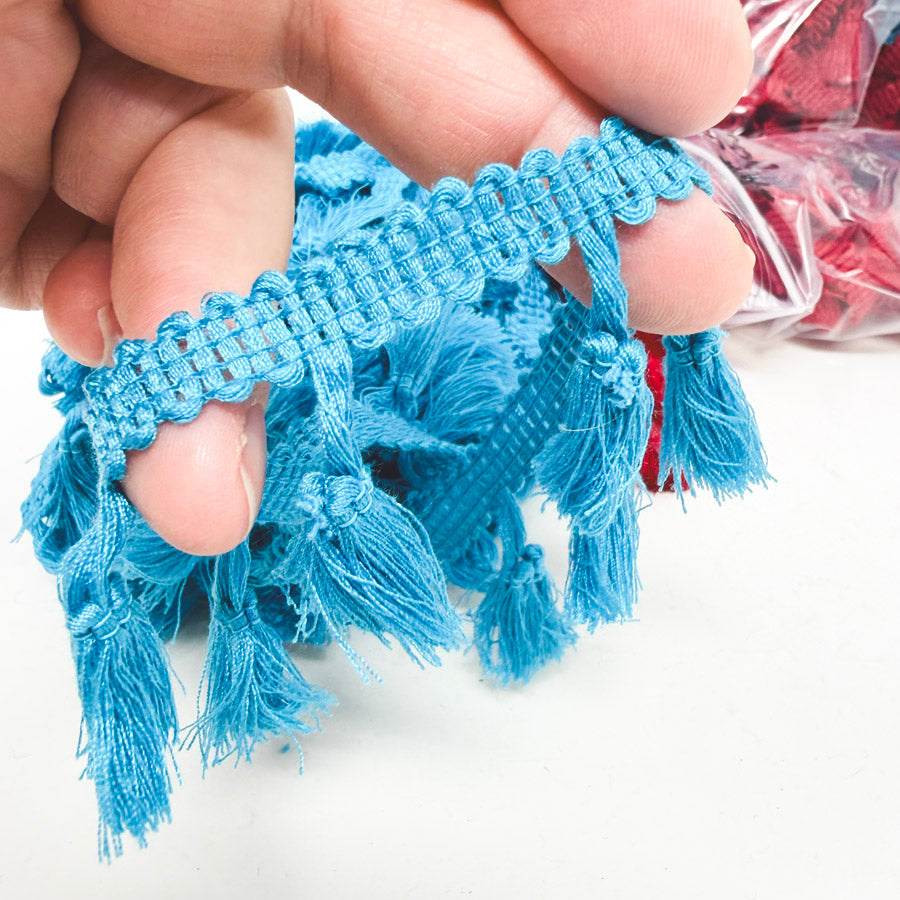 Aqua and Red Tassel Fringe Trim With Braided Gimp Header