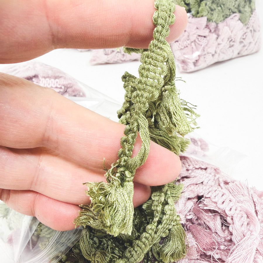Pink and Sage Tassel Fringe Trim With Braided Gimp Header