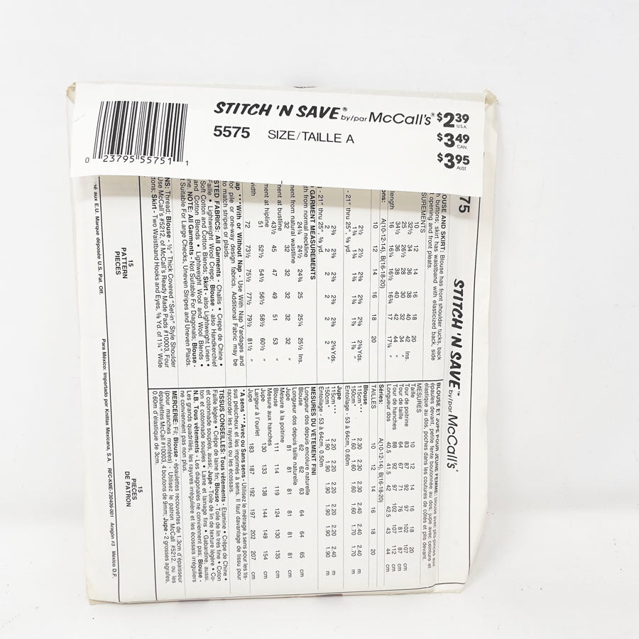 1991 Stitch N’ Save Blouse/Skirt - 5575 - Size 10-14
