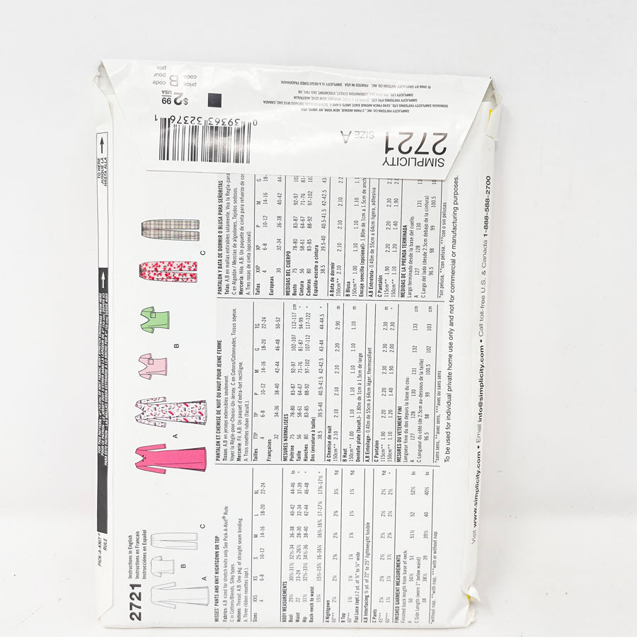 2008 Simplicity Pajamas - 2721 - Size XXS-XL