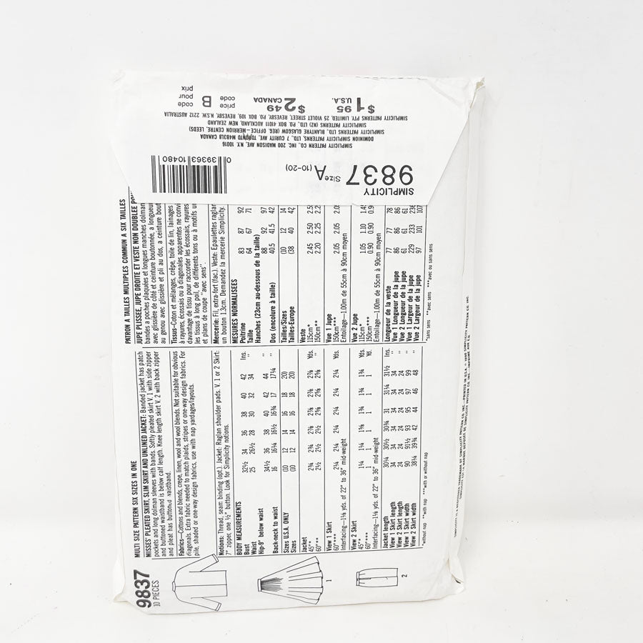 1990 Simplicity Skirt/Jacket - 9837 - Size 10-20
