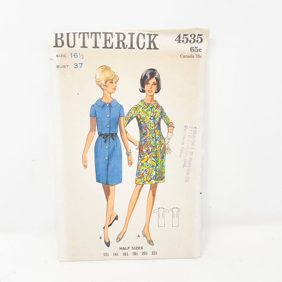 Vintage 1960s Butterick Dress - 4535 - 16.5