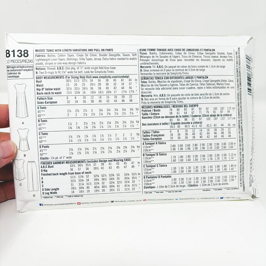 2016 Simplicity Sewing Pattern - Tunic/Pant - 8138 - Size 14-22