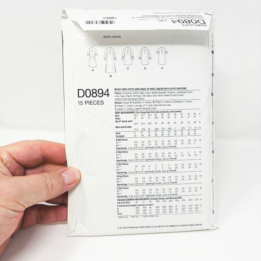 2018 Simplicity Sewing Pattern - Shirt Dress - D0894 - Size 16-24