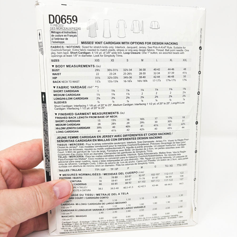 2017 Simplicity Sewing Pattern - Cardigan - D0659 - Size XXS-XXL