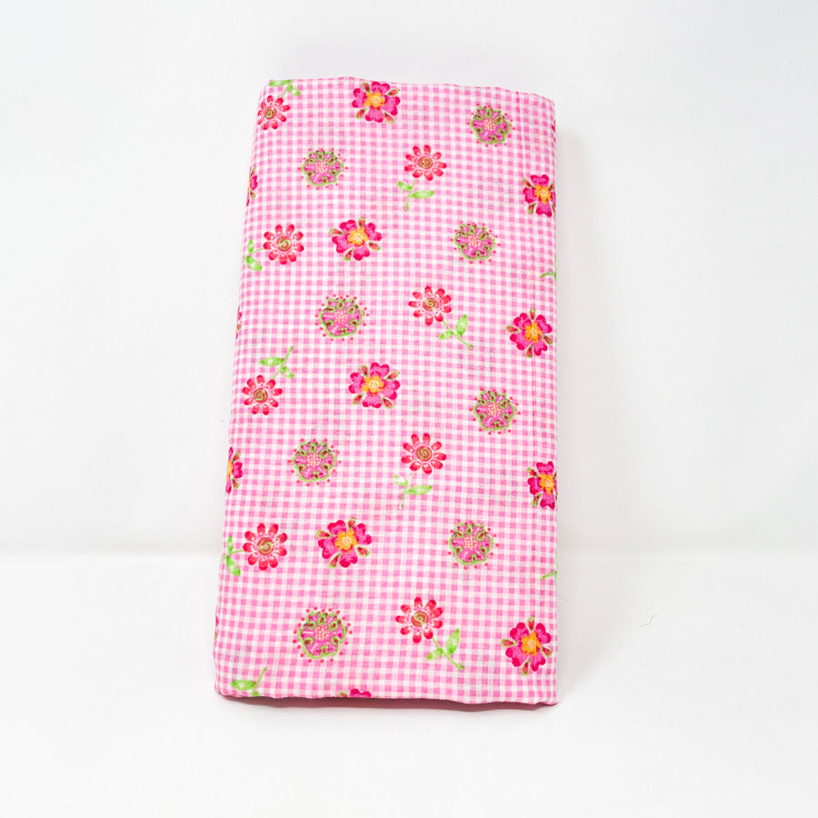 Appx 2 Yds Woven Pink Flower and Gingham Fabric