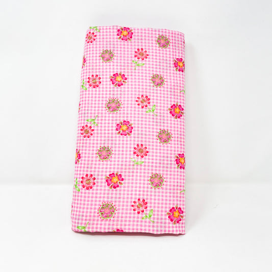 Appx 2 Yds Woven Pink Flower and Gingham Fabric