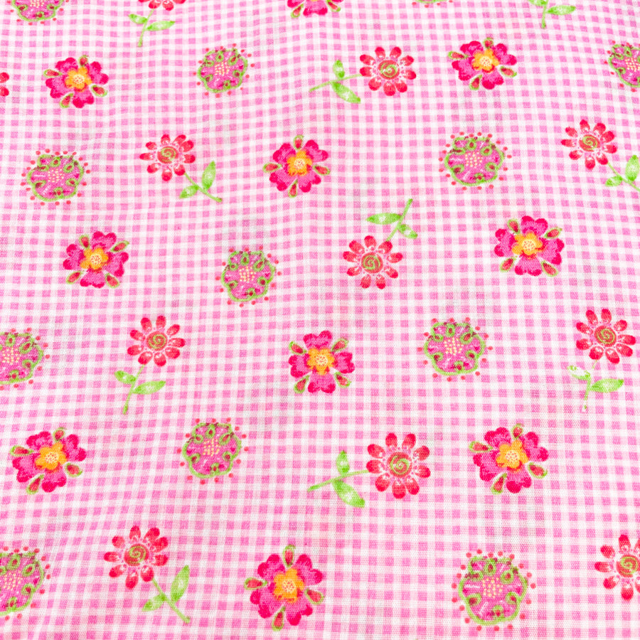 Appx 2 Yds Woven Pink Flower and Gingham Fabric